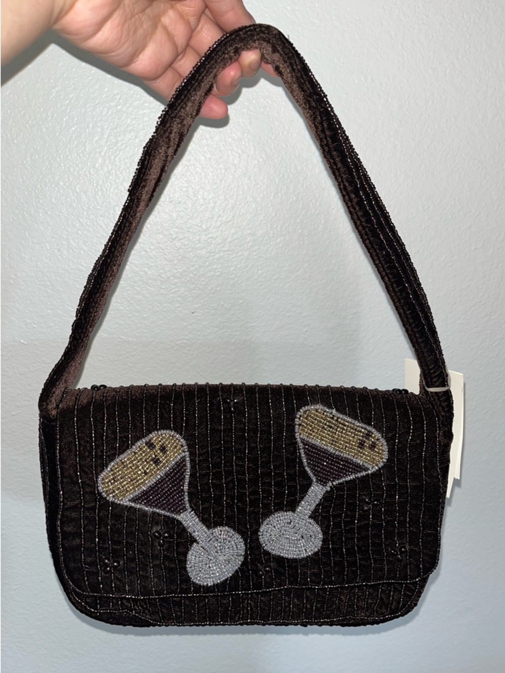 NWT Beaded Espresso Martini Brown Velvet Shoulder Bag Mini Purse
